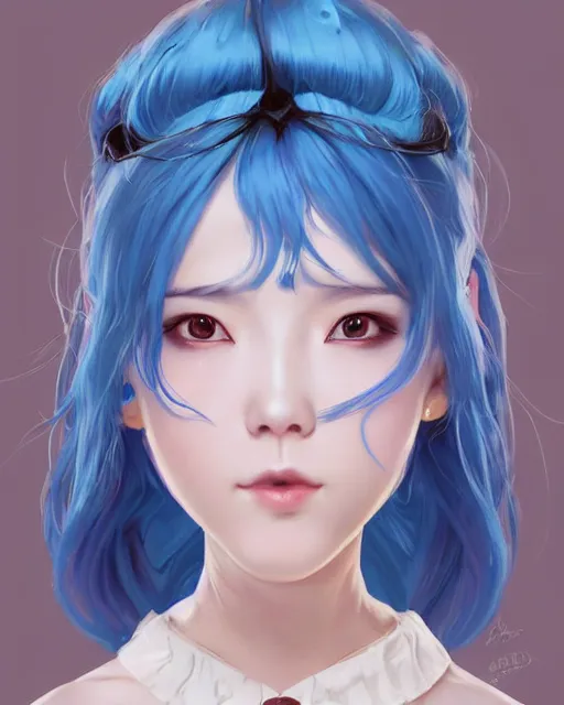 Prompt: symmetrical portrait of a pretty korean girl with blue hair dressed as a french maid digital painting, 8 k, concept art, art by wlop, artgerm, greg rutkowski and alphonse mucha