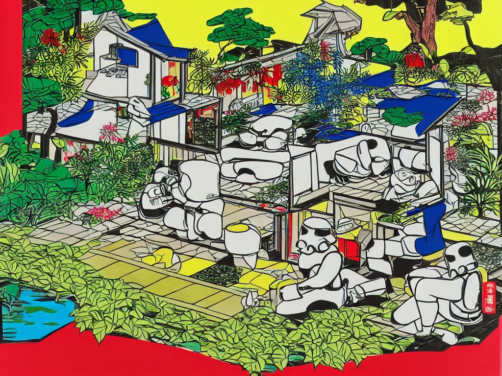 Image similar to detailed composition of the japanese home with a garden and a pond, 2 stormtroopers sitting around it, pop - art style, jacky tsai style, andy warhol style, roy lichtenstein style, rich palette, acrylic on canvas