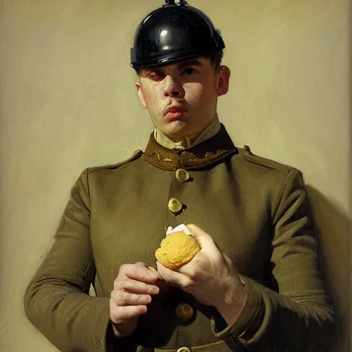 Prompt: portrait of an upset frightened soldier with an ice cream cone in his hand by emile friant