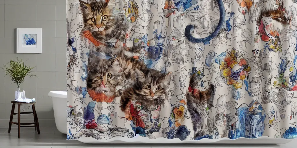 Image similar to shower curtain product catalog. wide - angle photo. on the curtain is a watercolor with ink under drawing of a low - angle hero - shot a cat toy being chased by a maine coon kitten. highly coherent, product photography of a shower curtain, product lighting. 4 k, highly detailed. saturated.