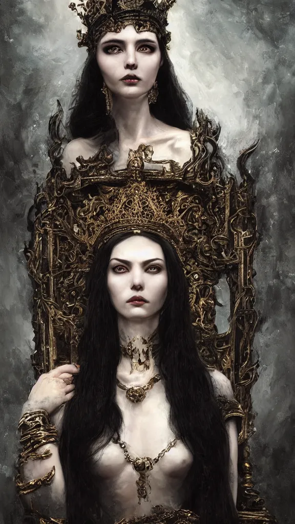 Image similar to a beautiful black haired woman with pale skin and a crown on her head sitted on an intricate metal throne, intimidating woman, large black eyes, high forehead, smooth pale skin, ethereal skin, ominous, eldritch. oil painting by nuri iyem, james gurney, james jean, greg rutkowski, highly detailed, soft lighting, chiaroscuro