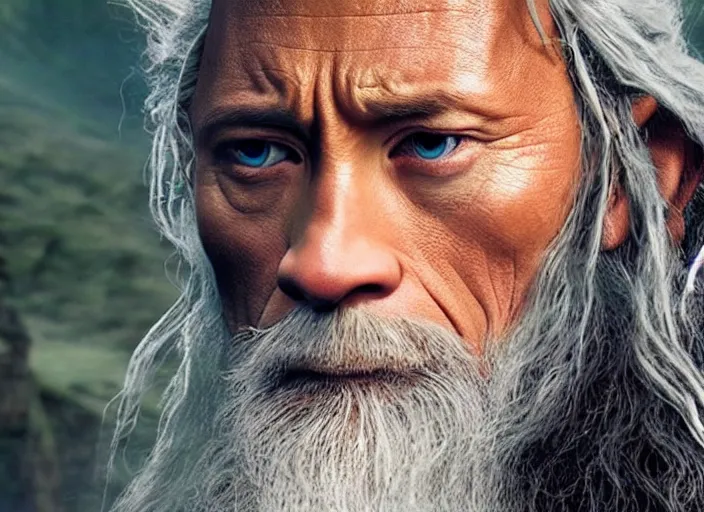 Prompt: film still of dwayne the rock johnson as gandalf in the new lord of the rings movie, 4 k, highly detailed face, detailed eyes
