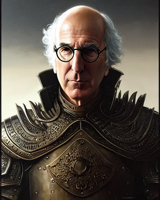 Image similar to larry david in armor, character portrait, portrait, close up, concept art, intricate details, highly detailed by greg rutkowski, michael whelan and gustave dore