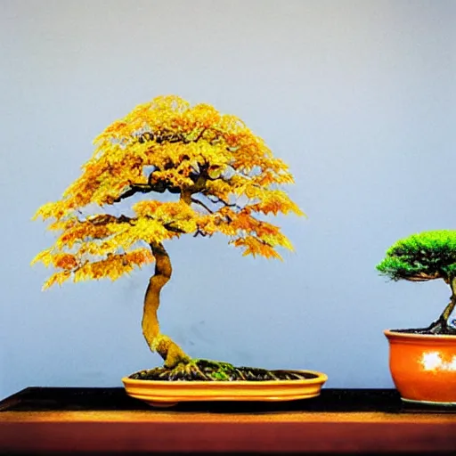 Prompt: photo of a beautiful maple bonsai tree on a kitchen counter, cinematic, bright, happy, golden ratio,