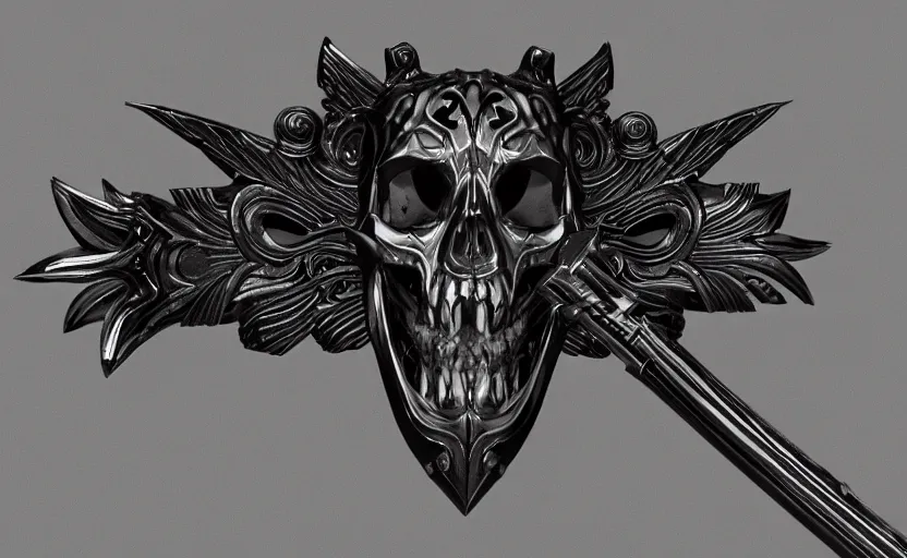 Image similar to a black and silver sword skull crest, orthographic, ornament, weapon, a 2 d render by dom qwek, front side, concept art, trending on polycount, artstation, hard surface modeling, rendered in maya, zbrush, hd, vray, blizzard, symmetry