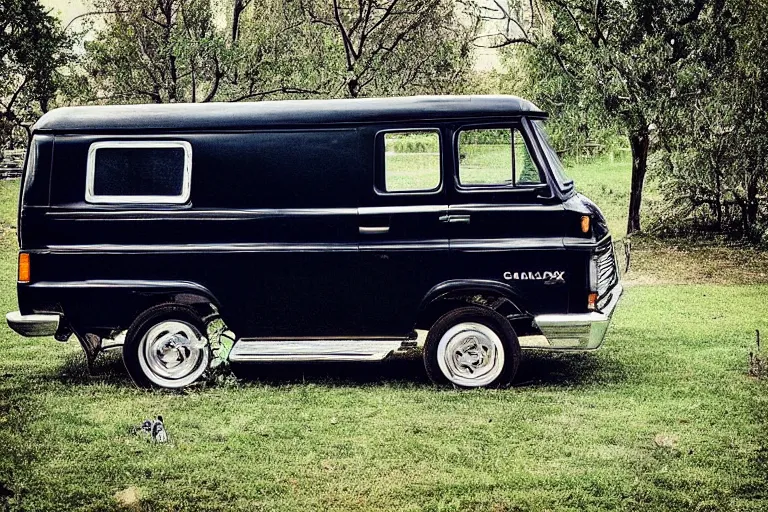 Image similar to “ a photo of a black 1 9 7 2 chevrolet g 1 0 van ”