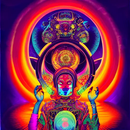 Image similar to An extremely psychedelic experience, colorful, surreal, dramatic lighting, cosmonaut, LSD, cyberpunk Tibetan bodhisattva, detailed, intricate, elegant, highly detailed, digital painting, art nouveau, tarot, artstation, concept art, smooth, sharp focus, illustration, art by Sam spratt, dan mumford, Artem Demura and alphonse mucha