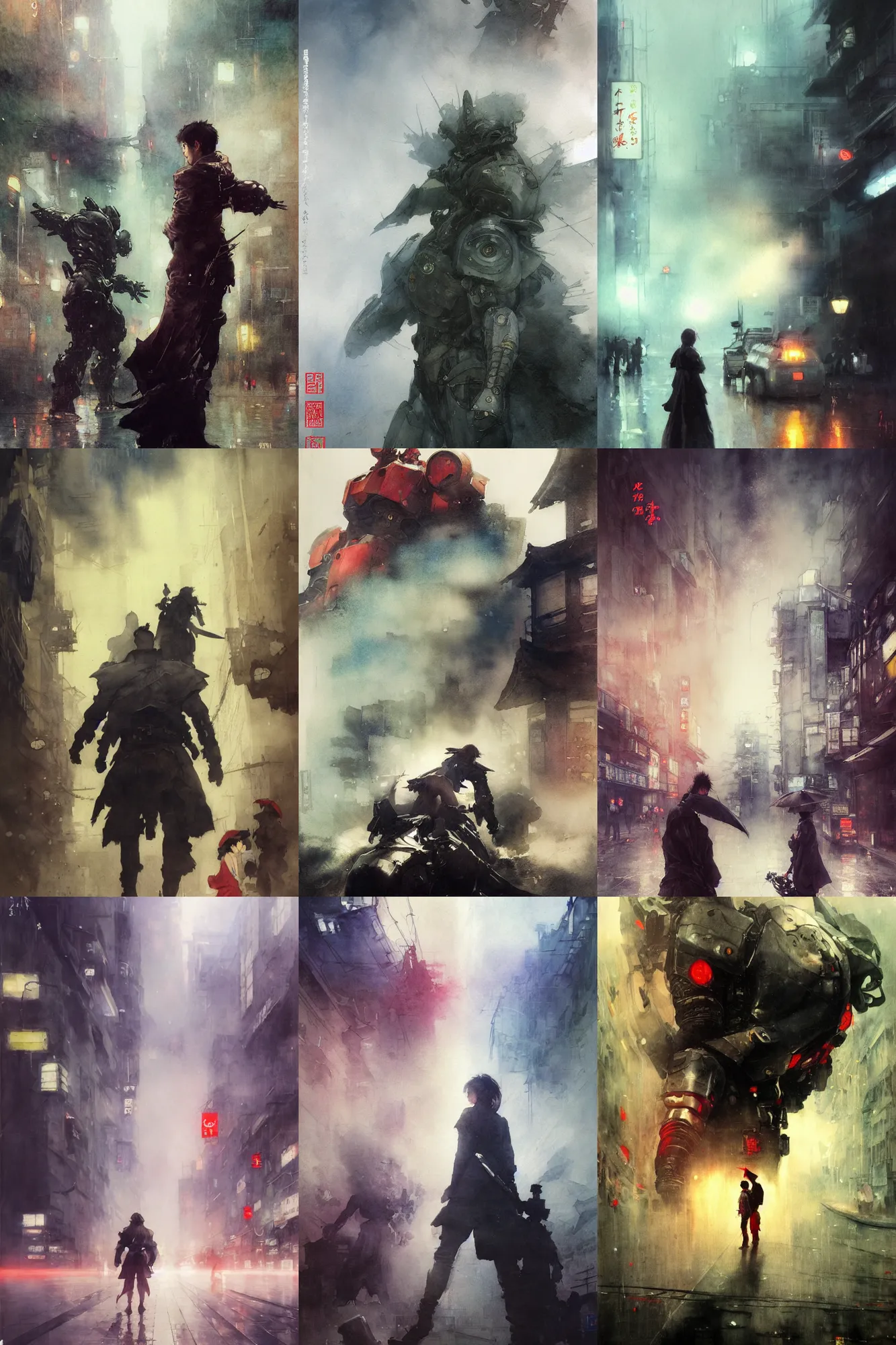 Prompt: incredible ruan jia movie poster, painted ,masterful detailed watercolor, japan, ilya repin, waterhouse, yoshitaka amano, pretty anime face,kastuhiro otomo,giant robots claw at the the background fog, street lights, spotlight, deep 3 point perspective, fish eye, dynamic scene, light rain, sparks, movie scene close up emotional miss Kusanagi face, short bob hair, emotional face