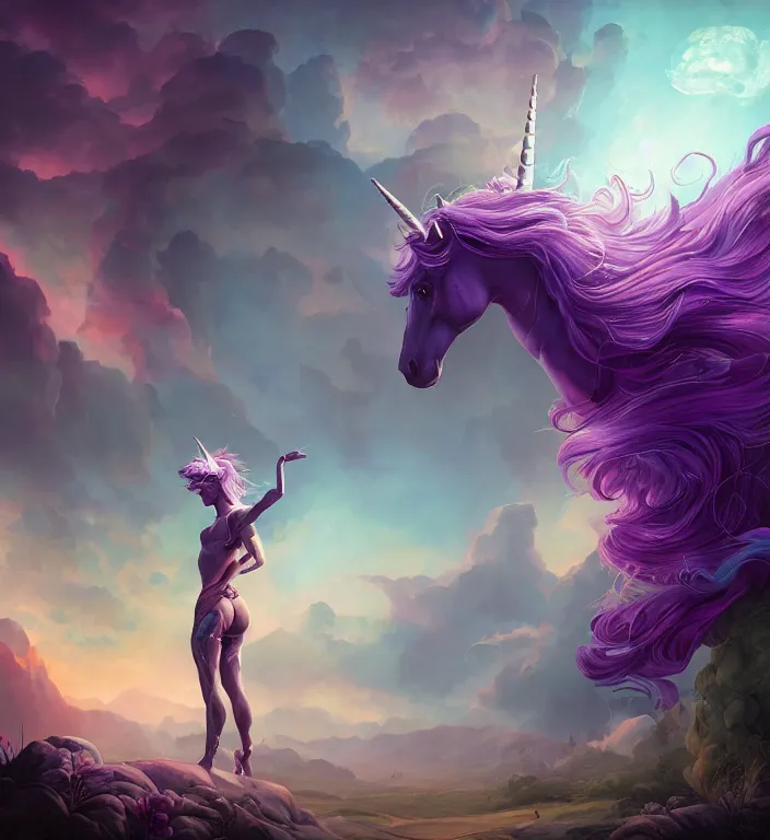 Prompt: a majestic unicorn with a human female body + purple hair and elf ears, backlit, strong rim light, highly detailed, digital painting, by Alvaro Castagnet + Peter Mohrbacher + Dan Mumford + vivid colors + high contrast, 8k resolution, intricate, photorealistic, smooth