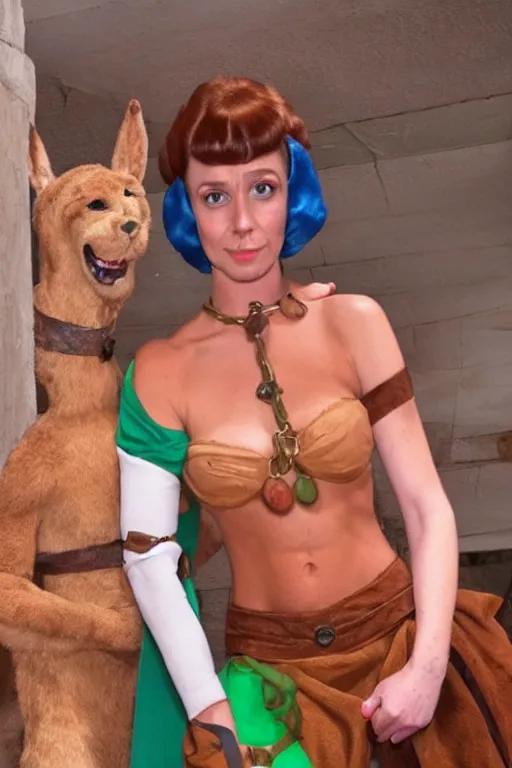 Image similar to scooby doo dressed as slave princess leia