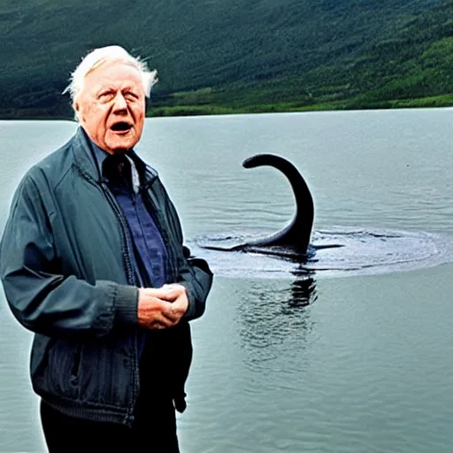 Image similar to Sir David Attenborough at a lake, with Loch Ness Monster Nessie plesiosaur in the water