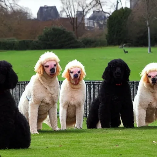 Image similar to Boris Johnson sitting with a group of poodles at a park.