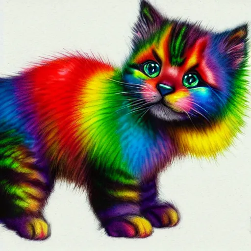 Image similar to wide angle full body, of a fluffy cute rainbow kitten wearing a black motorcycle jacket, concept art