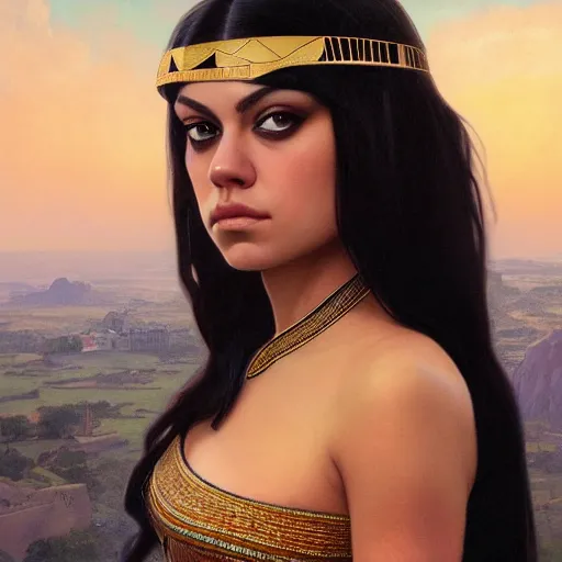 Image similar to a closeup portrait of a young mila kunis as cleopatra, gorgeous view, pyramid background, high detail, art by artgerm and greg rutkowski and alphonse mucha, digital art, trending on artstation