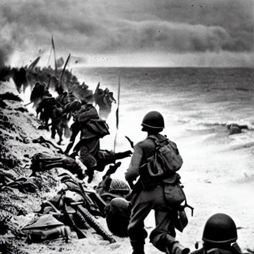 Prompt: Hank Hill storming Omaha Beach, epic, WWII, 1940s photo, cinematic, highly detailed, gritty,