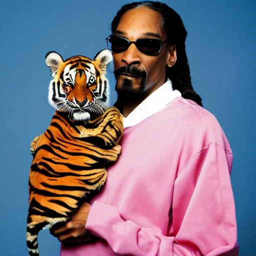 Prompt: Snoop Dogg holding a tiger for a 1990s sitcom tv show, Studio Photograph, portrait, C 12.0