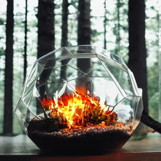 Image similar to a terrarium with cozy cabin on fire, night, inside on top of a minimalist table, lit from the side