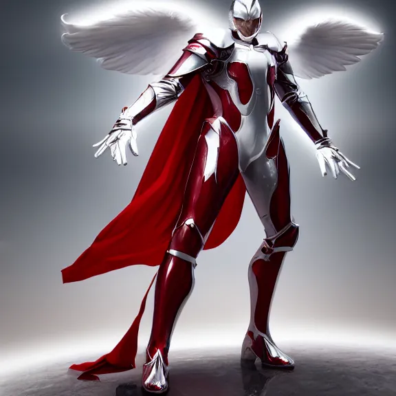 Image similar to cinematic full body shot of a male angel flying, white metallic armor, red cape, elegant pose, detailed arms, detailed white armor, two arms, two legs, detailed fanart, macro art, realistic digital art, DeviantArt, artstation, 3D realistic, 8k HD, octane render