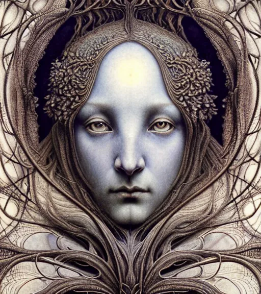 Image similar to detailed realistic beautiful moon god face portrait by jean delville, gustave dore, iris van herpen and marco mazzoni, art forms of nature by ernst haeckel, art nouveau, symbolist, visionary, gothic, neo - gothic, pre - raphaelite, fractal lace, intricate alien botanicals, ai biodiversity, surreality, hyperdetailed ultrasharp octane render