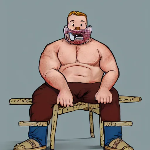 Prompt: six foot tall burly man named craig with crayons stuffed into his mouth, chewing, eating, binging, sitting on a wooden chair, high quality digital art, artstation