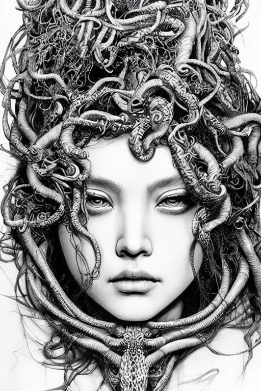 Image similar to Portrait of Medusa, pen and ink, intricate line drawings, by Yoshitaka Amano, Ruan Jia, Kentaro Miura, Artgerm