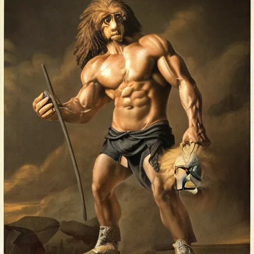 Image similar to a muscular man who has a lion's head in place of a humanoid head,