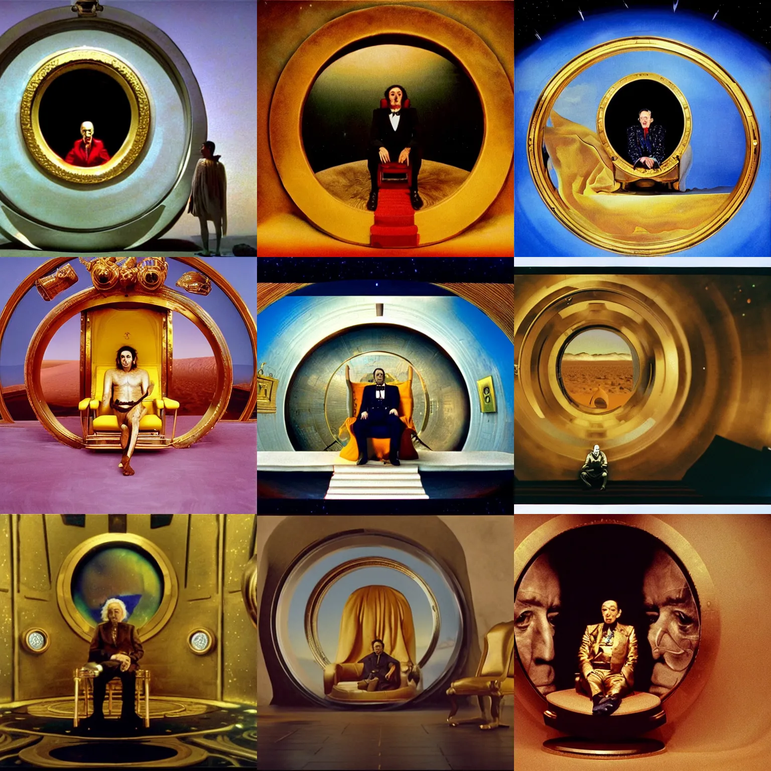 Prompt: salvador dali as emperor of universe sits on gold chair in front of huge central porthole in which planet arrakis is visible | still frame from the movie by alejandro jodorowsky with cinematogrophy of christopher doyle and art direction by hans giger, anamorphic lens, kodakchrome, 8 k