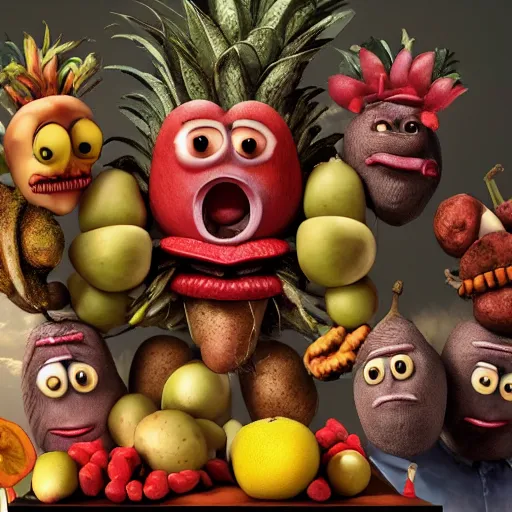 Prompt: giuseppe arcimboldo, potato head, fruit monster, unreal engine, new scifi movie