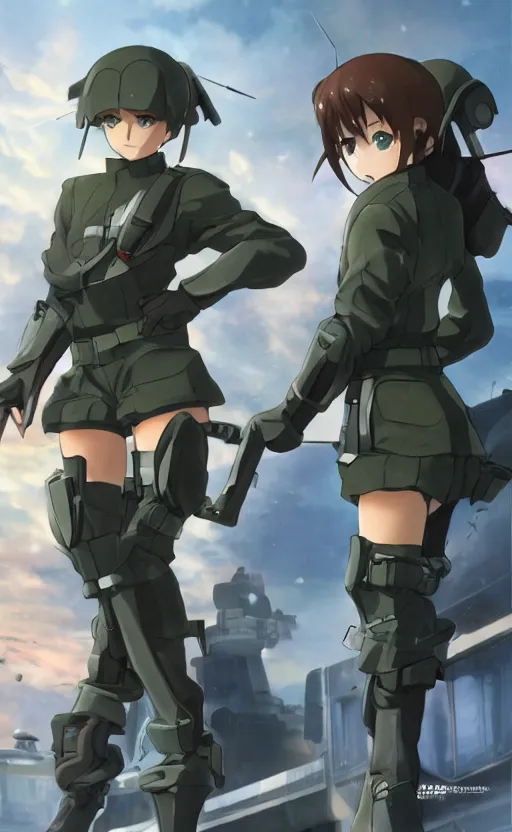 Image similar to girl, trading card front, future soldier clothing, future combat gear, realistic anatomy, concept art, professional, by ufotable anime studio, green screen, volumetric lights, stunning, military camp in the background, metal hard surfaces, focus on doing the face right, strafing attack plane, face of kaga from kancolle