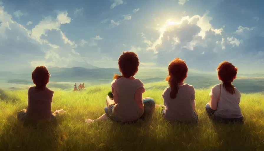 Image similar to back view of kids watching the sun sitting of the hill, clouds in the sky, hyperdetailed, artstation, cgsociety, 8 k