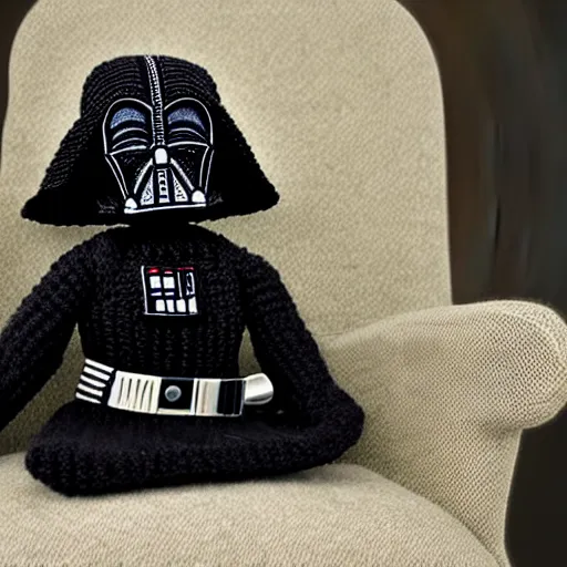 Image similar to knitted doll dart vader sitting on a chair, lethal preservation, proportions, high quality, realism, foreground focus,