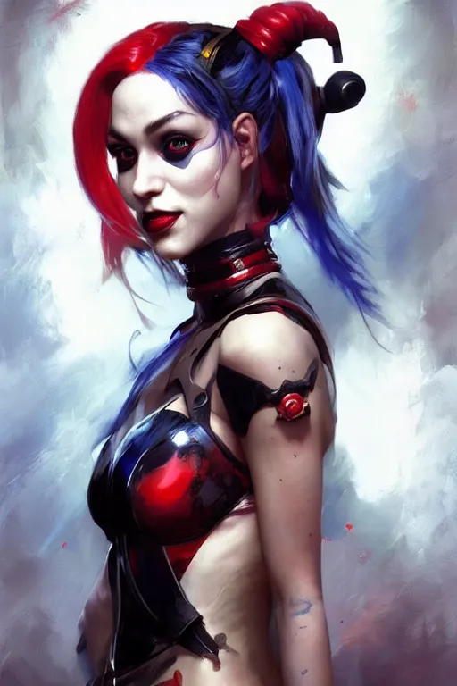 Image similar to portrait of Harley Quinn, dc comics, cyberpunk, Warhammer 40000, digital art from artstation by Ruan Jia and Mandy Jurgens and Artgerm and william-adolphe bouguereau