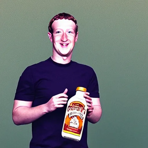 Prompt: “Mark Zuckerberg cuddling with a bottle of sweet baby rays bbq sauce”
