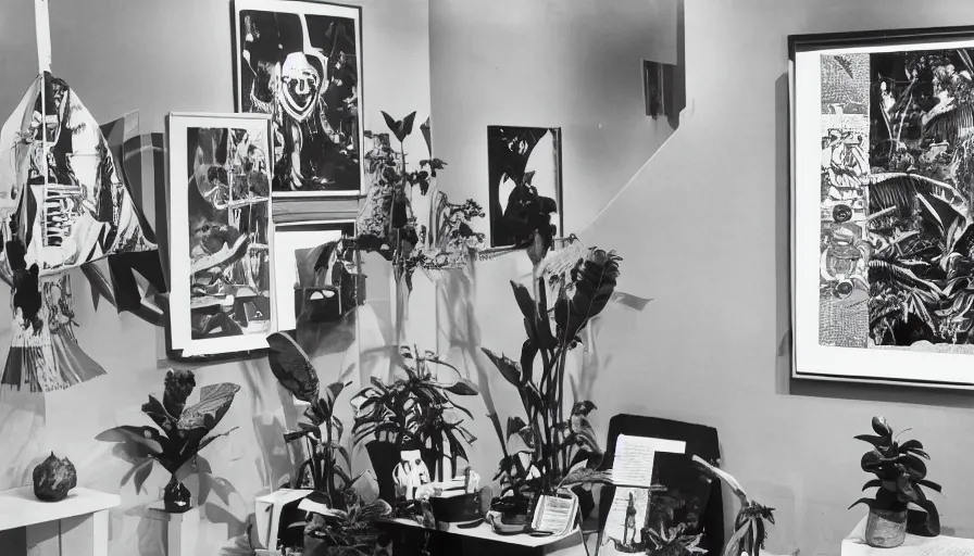 Image similar to A black and white photography of an exhibition space with objects of Sun Ra, Marcel Duchamp and tropical plants, 60s, offset lithography print, newspaper, distant shot, minimalist