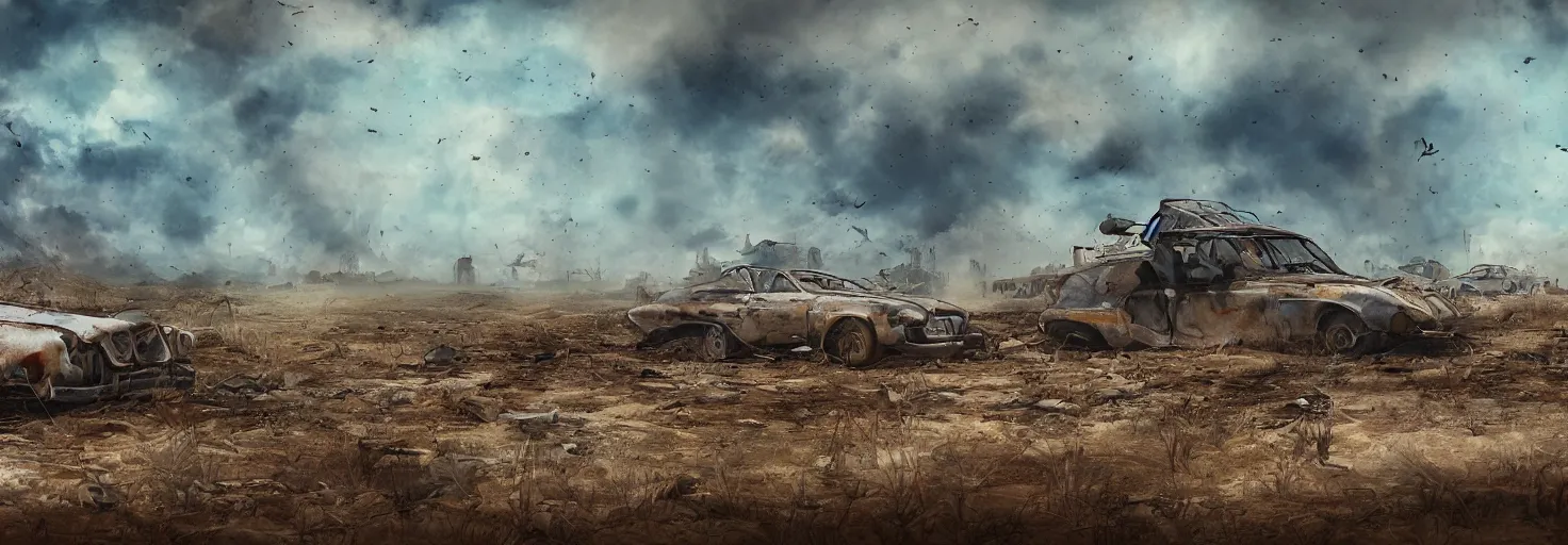 Prompt: wastelands by day, detailed ground, blue sky, smoke, end of war, vehicle wrecks, as seen by the artist, digital artist, simple composition
