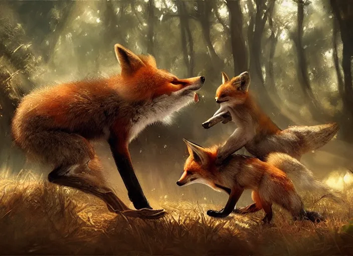 Prompt: foxes playing in the woods, digital painting, highly detailed, artstation, sharp focus, illustration, concept art, ruan jia, steve mccurry, amazing composition