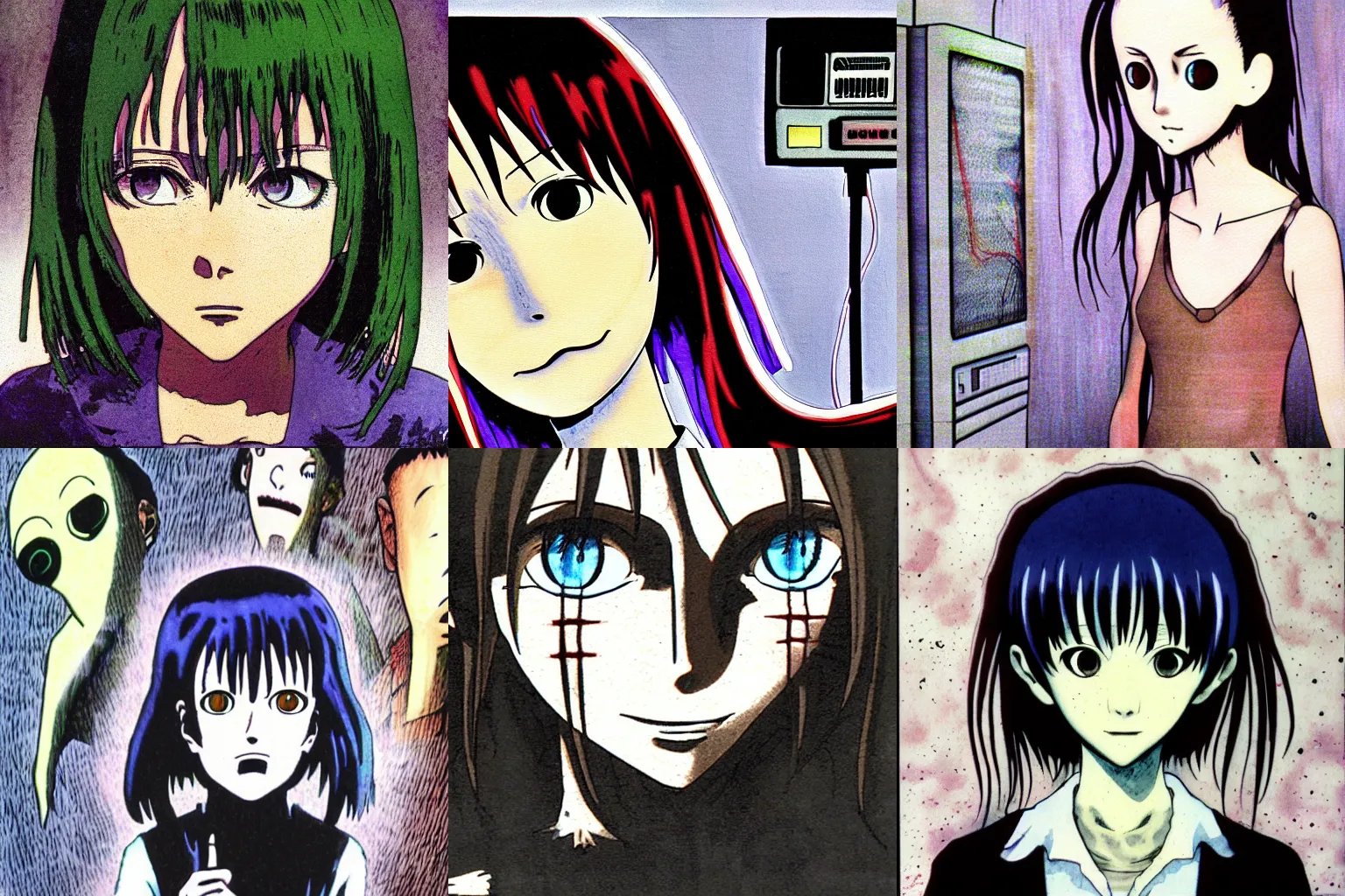 Prompt: serial experiments LAIN by Junji Ito, CRT screen, water color