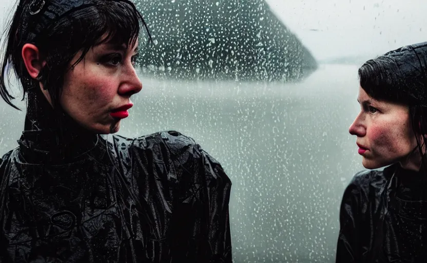 Image similar to cinestill 5 0 d candid photographic portrait by helen levitt of two loving female androids wearing rugged black mesh techwear in treacherous waters, extreme closeup, modern cyberpunk moody depressing cinematic, pouring rain, 8 k, hd, high resolution, 3 5 mm, f / 3 2, ultra realistic faces, ex machina