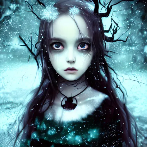 Image similar to focus face portrait of beautiful darkness witch 3D anime girl, dark forest background, snowing, bokeh, inspired by Tim Burton, digital painting, high contrast, unreal engine render, volumetric lighting, high détail