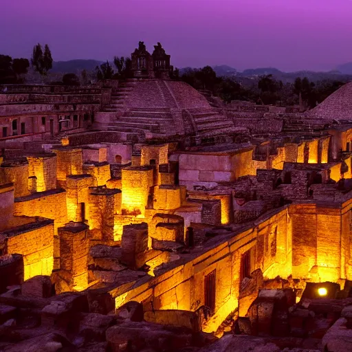 Prompt: ancient city of the aztecs, glowing torches, many buildings, at night, many people, epic wide angle