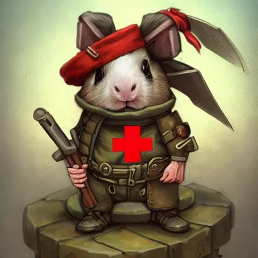 Image similar to cute little anthropomorphic Guinea Pig Field Medic, tiny, small, short, Modern Field medic with red cross, cute and adorable, pretty, beautiful, DnD character art portrait, matte fantasy painting, DeviantArt Artstation, by Jason Felix by Steve Argyle by Tyler Jacobson by Peter Mohrbacher, cinema