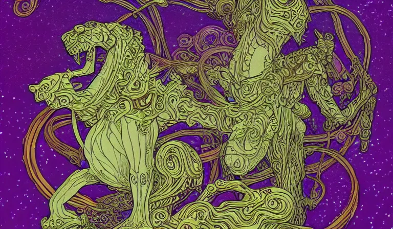 Image similar to floating creatures the ancient gods fantasycore landscape, Precise and Intricate Linework, Art Nouveau Cosmic 4k Detailed Matte Illustration trending on 500px ,CGSociety, Salmon and Chartreuse color scheme, Pastiche by Dave Gibbons, Pastiche by Carla Wyzgala