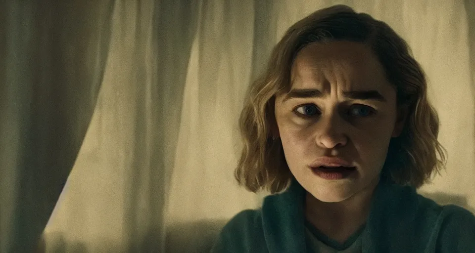 Image similar to Emilia Clarke in Hereditary (2018) high contrast lighting, night scene, blue and orange palette, film still