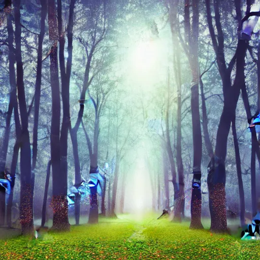 Image similar to old forest with glowing trees and glitter dust in cosmic color fog