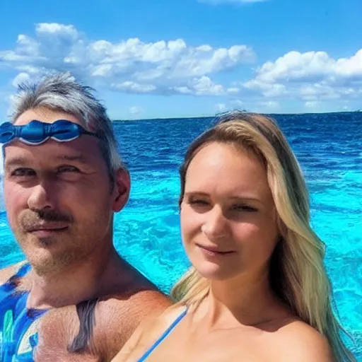Image similar to photo of a 4 0 year old man that looks young for his age dating a very attractive 2 2 year old woman wearing a bikini. they are swimming.