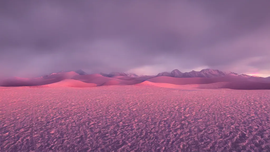 Image similar to soft glow pink desert with snow mountains and cloudy skies, purple fog, long exposure, detailed, hyper realistic, photorealism, landscape, ultra wide angle view, peaceful, cinematic, volumetric lighting, god ray through clouds