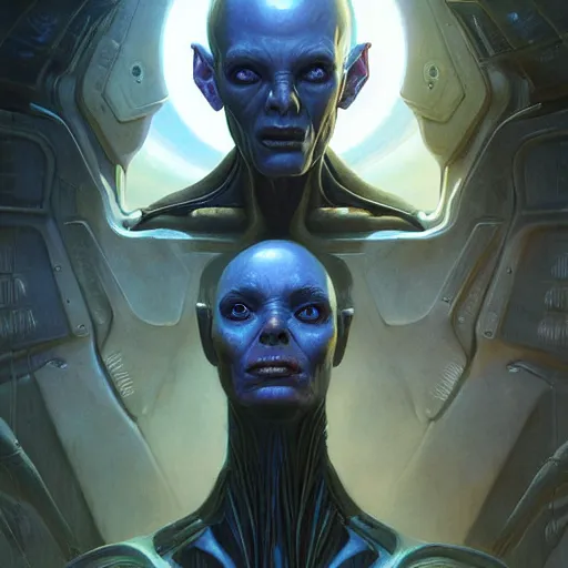 Prompt: a fantasy style portrait painting of an alien with cybernetic implants with a futuristic background and dramatic lighting oil painting unreal 5 daz. rpg portrait, extremely detailed wayne barlowe michael whelan artgerm greg rutkowski greg hildebrandt tim hildebrandt michael whelan moebius