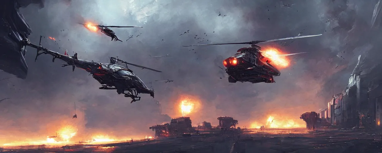 Prompt: a futuristic cyberpunk helicopter in war scene, epic scene, big explosion, by greg rutkowski