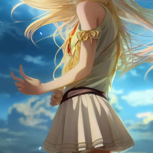 Prompt: a very beautiful anime girl, full body, long golden hair reaching the ground, sky blue eyes, full round face, short smile, mini jeans skirt, cute top,golden room, cinematic lighting, medium shot, mid-shot, highly detailed, trending on Artstation, Unreal Engine 4k, cinematic wallpaper by Stanley Artgerm Lau, WLOP, Rossdraws, James Jean, Andrei Riabovitchev, Marc Simonetti, and Sakimichan