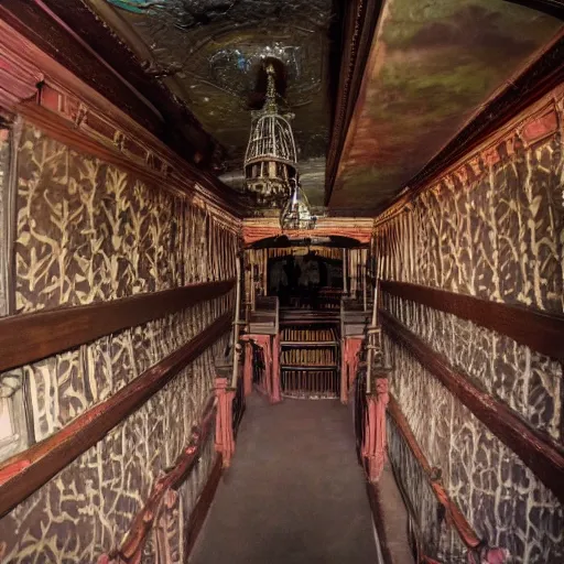 Prompt: inside the haunted mansion at disneyland, it is now a prison,